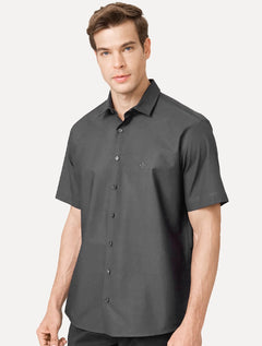 Camisa Dudalina Masculina Manga Curta Comfort Superfine Cotton Mono Logo Lisa Cinza Escuro