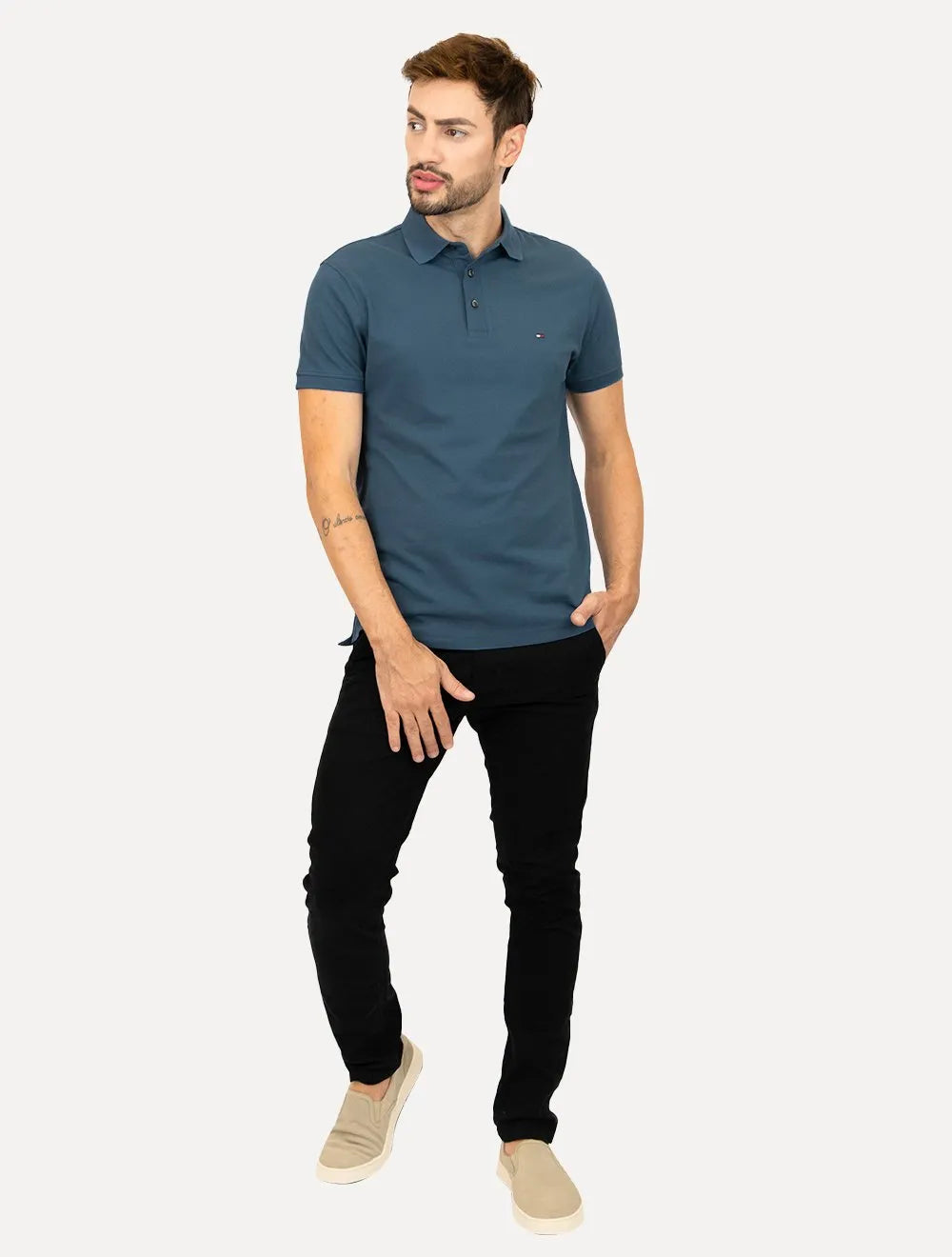 Polo Tommy Hilfiger Masculina Slim Piquet 1985 Aegean Sea Azul Escuro