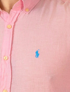 Camisa Ralph Lauren Masculina Linho Blue Icon Rosa Claro Mescla