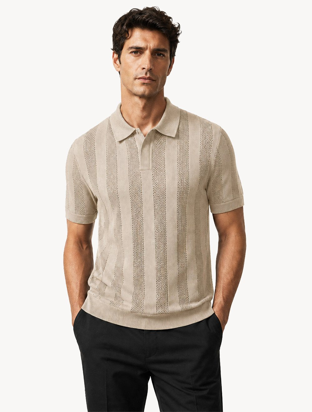 Polo Dixen Masculina Tricot Vertical Manga Curta Cáqui Médio