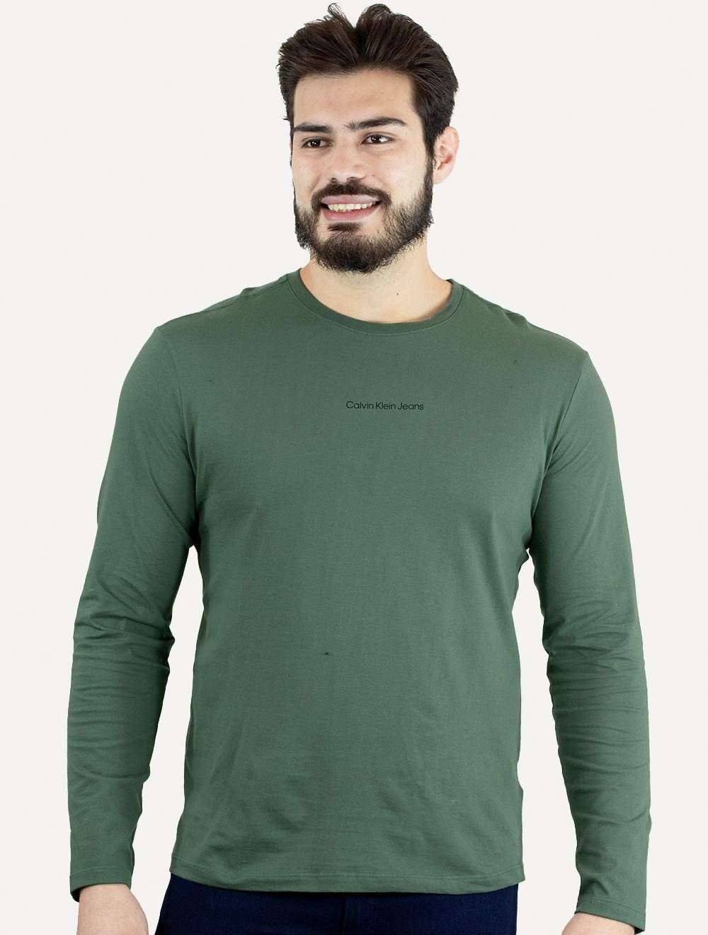 Camiseta Calvin Klein Jeans Masculina Manga Longa Institutional Grey Logo Verde Médio