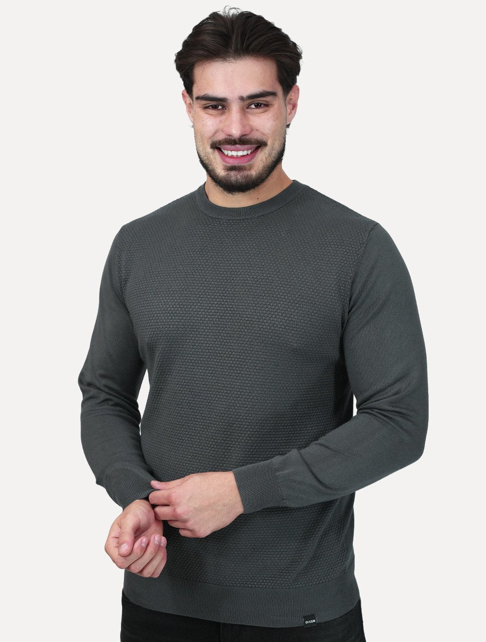 Suéter Dixen Masculina Tricot Manga Longa Frente Texturizada Cinza