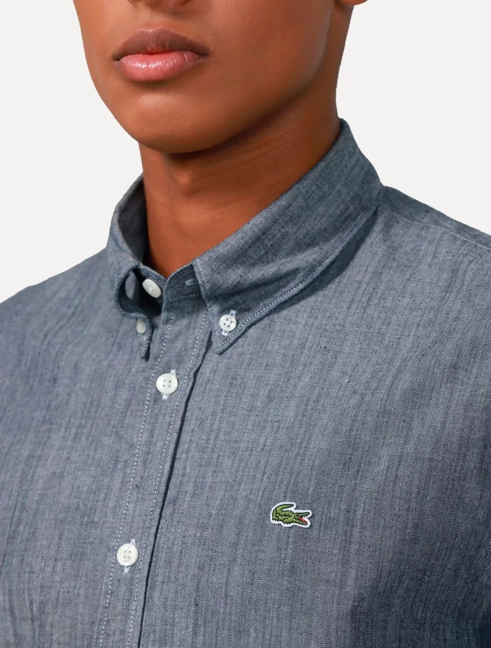 Camisa Lacoste Masculina Slim Cotton Chambray Chumbo Mescla
