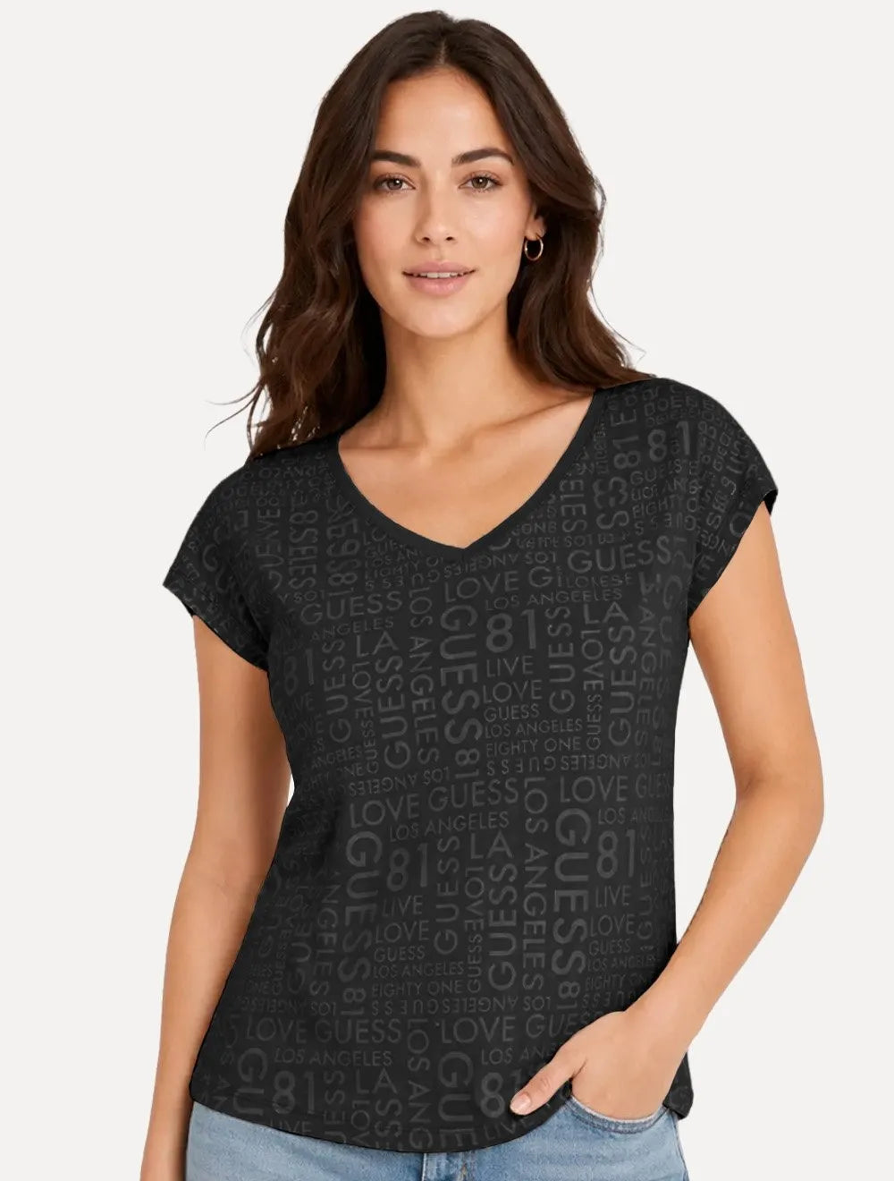 Camiseta Guess Feminina Estampada Gola V Preta