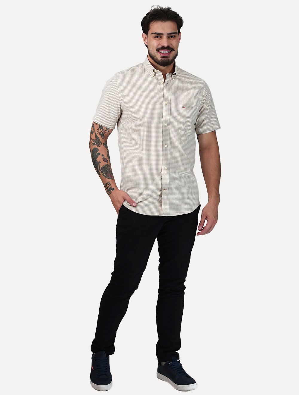 Camisa Tommy Hilfiger Masculina Manga Curta Pocket Gingham Cáqui