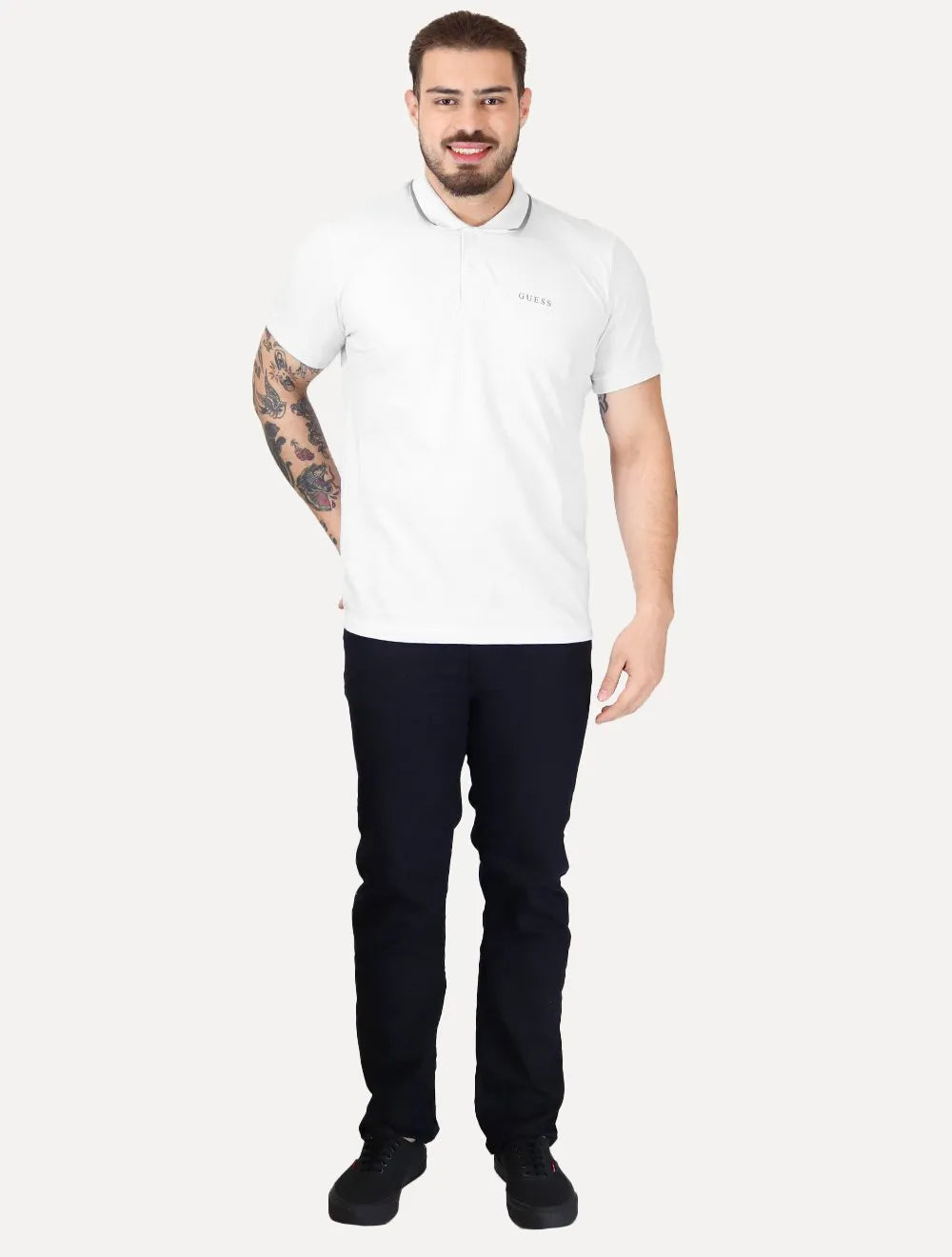 Polo Guess Masculina Piquet Silk Linear Friso Branca