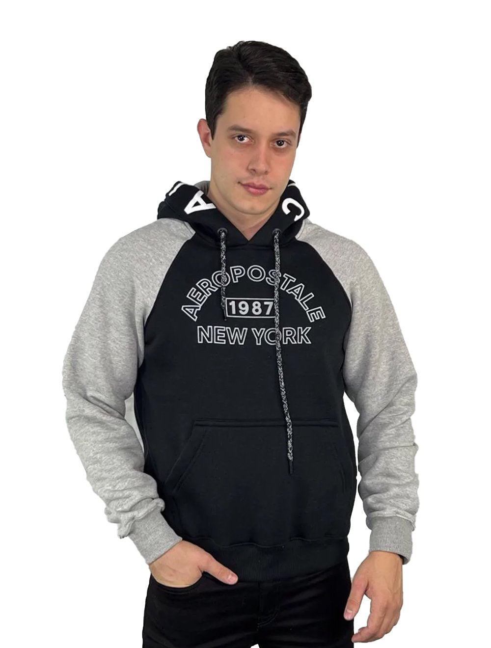 Moletom Aeropostale Masculino Hoodie Raglan Arc Lettering Mescla/Preto