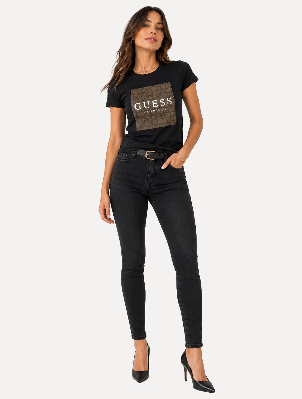 Camiseta Guess Feminina Los Angeles Monogramado Logo Preta