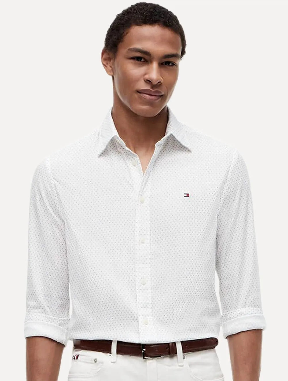 Camisa Tommy Hilfiger Masculina Flex Poplin Mini Print Shirt Branco