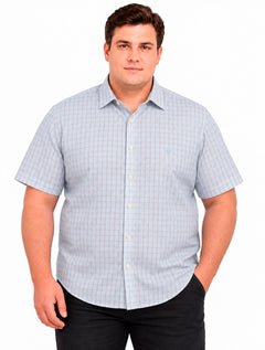 Camisa Dudalina Masculina Plus Size Manga Curta Slim Confort Superfine Cotton Listrada Azul Claro