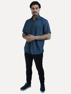 Camisa Dudalina Masculina Manga Curta Comfort Superfine Cotton Mini Xadrez Azul Petróleo