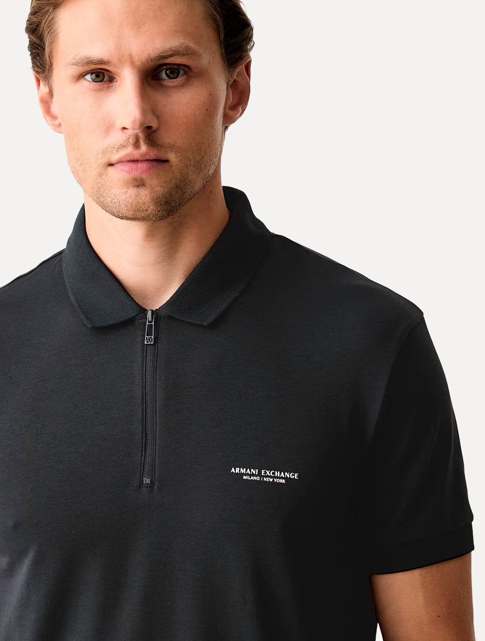 Camisa Polo Armani Exchange Slim Fit Malha de Algodão Half Zip Azul Marinho