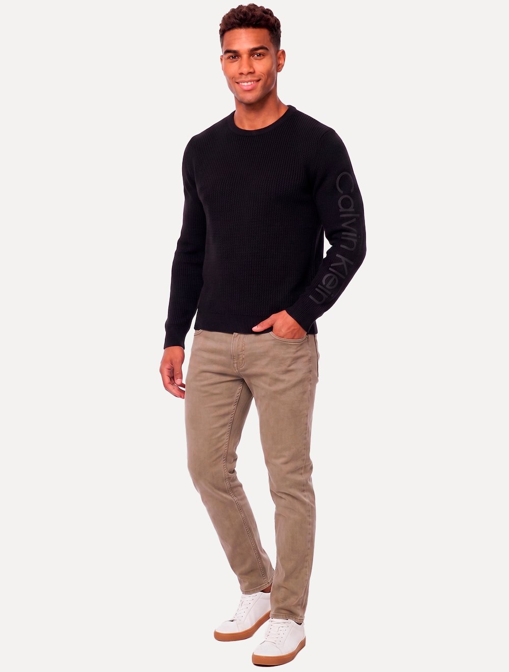Suéter Calvin Klein Jeans Masculino Crewneck Tricot Sleeve Name Logo Preto