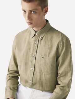 Camisa Lacoste Masculina Regular Classica Pocket Linho Cáqui