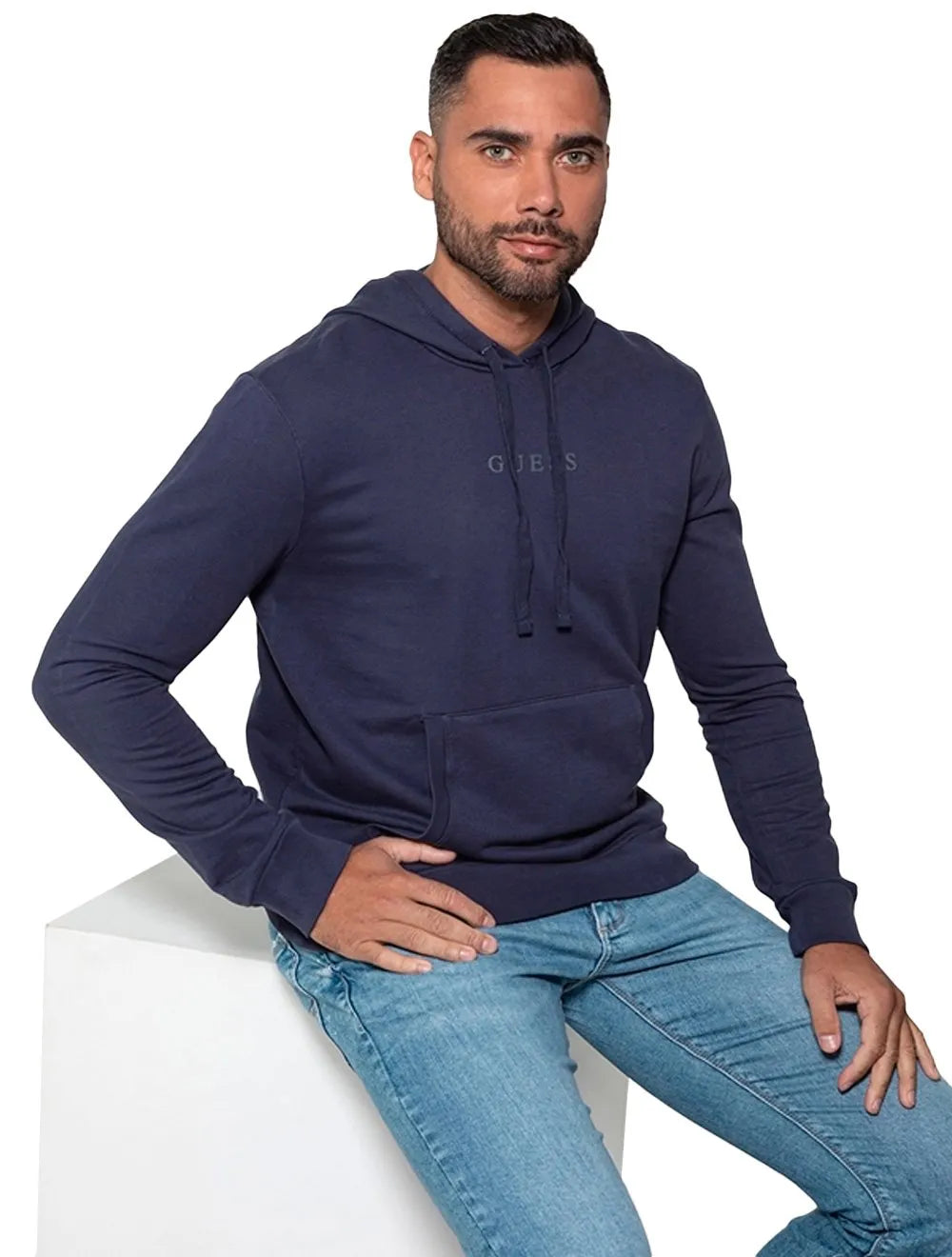 Moletom Guess Masculino Hoodie Small Logo Silk Azul Marinho