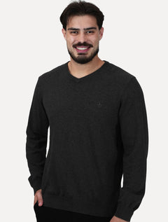 Suéter Dudalina Masculino Basico Tricot V-Neck Cotton Cinza Mescla Escuro