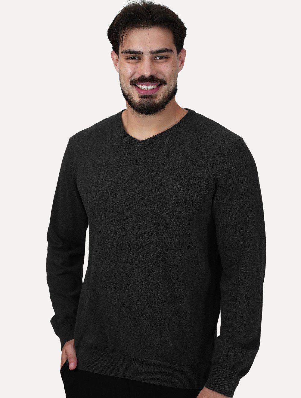Suéter Dudalina Masculino Basico Tricot V-Neck Cotton Cinza Mescla Escuro