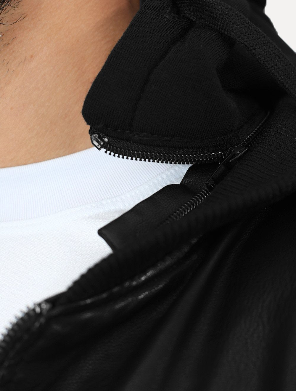 Jaqueta Dixen PU Bomber Capuz Zíper Frontal Preto