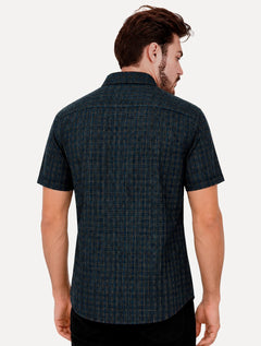 Camisa Dudalina Masculina Manga Curta Comfort Fit Slub Cotton Xadrez Flame Azul Marinho