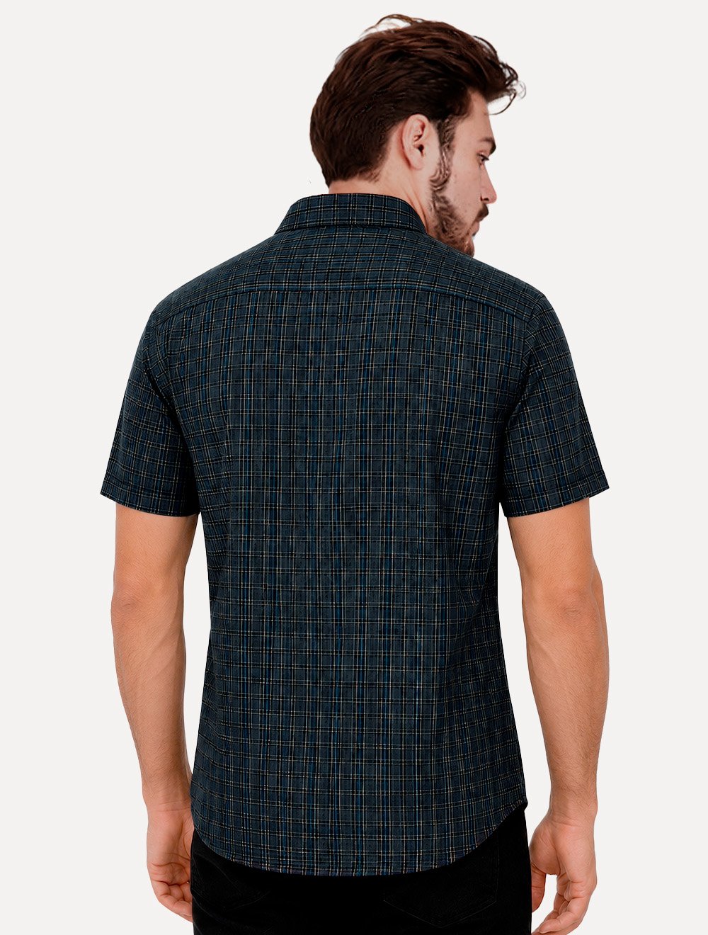 Camisa Dudalina Masculina Manga Curta Comfort Fit Slub Cotton Xadrez Flame Azul Marinho