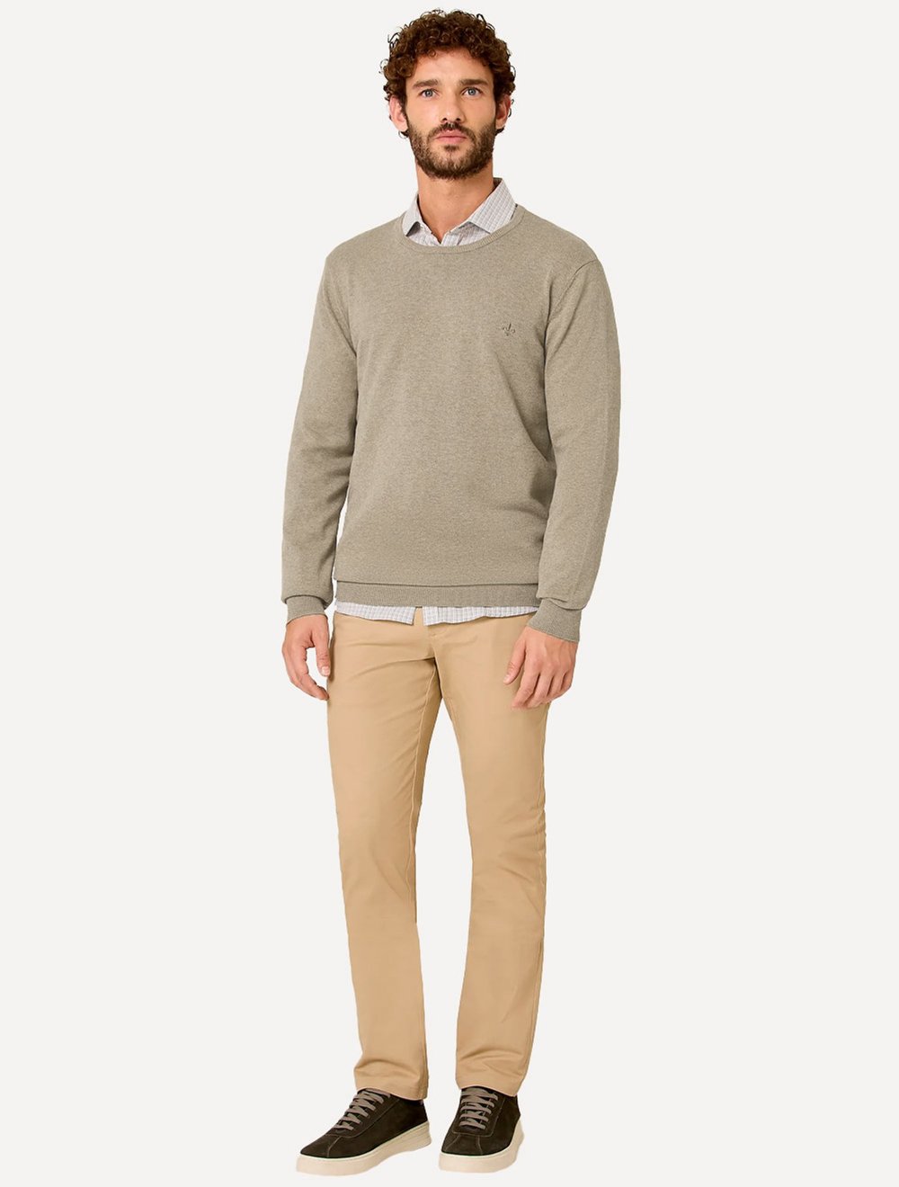 Suéter Dudalina Masculino Tricot Crewneck Básico Cáqui