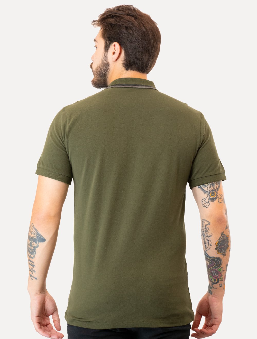 Polo Guess Masculina Piquet Friso Bordado Cursivo Verde Oliva