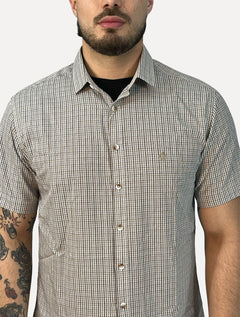 Camisa Dudalina Masculina Manga Curta Slim Tricoline Xadrez Cáqui Escuro