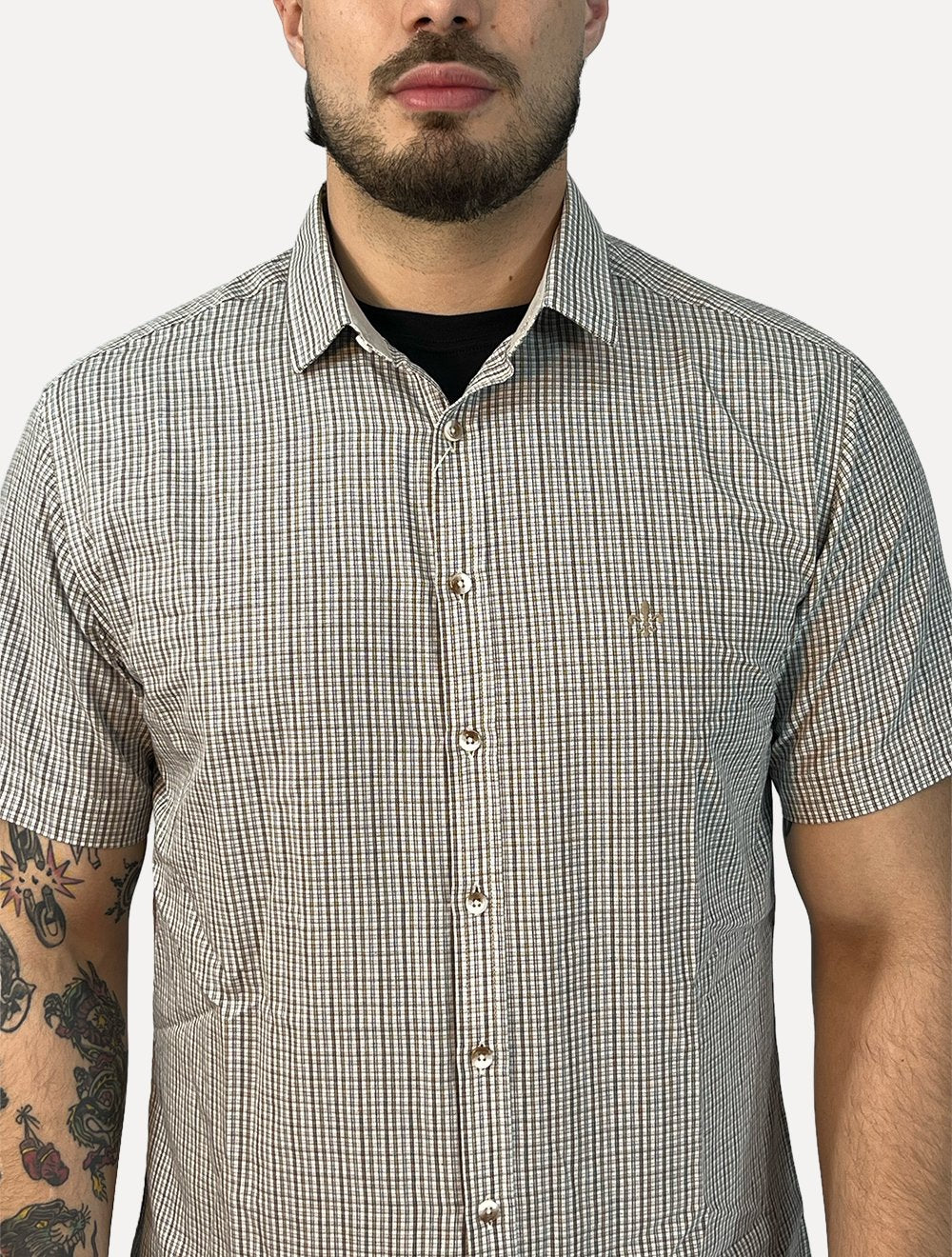 Camisa Dudalina Masculina Manga Curta Slim Tricoline Xadrez Cáqui Escuro