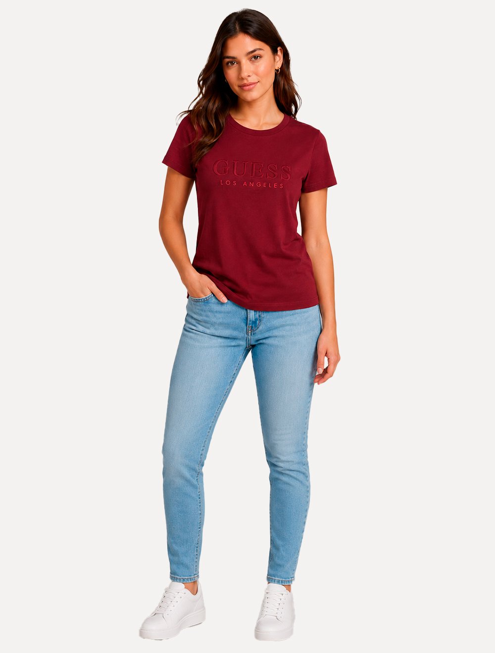 Camiseta Guess Feminina Bold Cursive Embossed Red Logo Vermelho Escuro