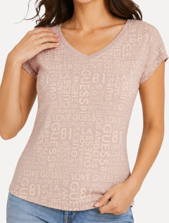Camiseta Guess Feminina Estampada Gola V Cáqui Claro