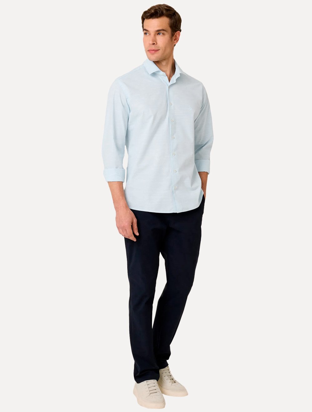 Camisa Dudalina Masculina Slim Slub Cotton Flame Lisa Azul Claro