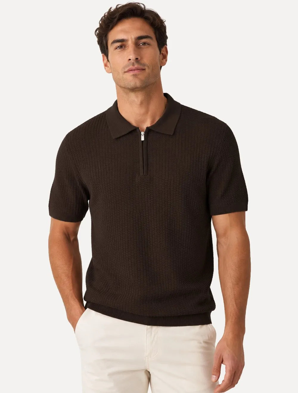 Polo Dixen Masculina Tricot Texturizada Manga Curta Ziper Marrom