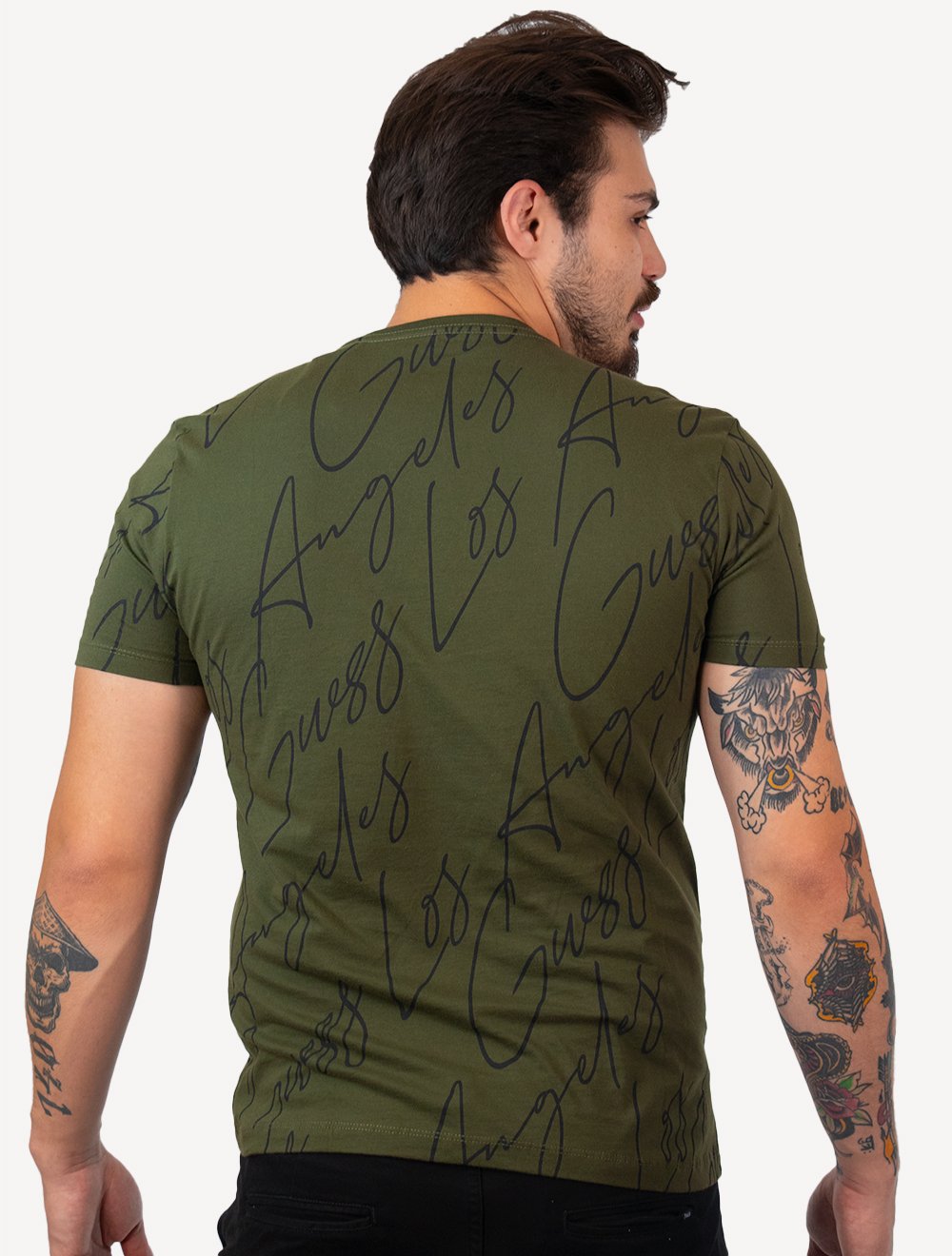 Camiseta Guess Masculina Full Lettering Verde Escuro