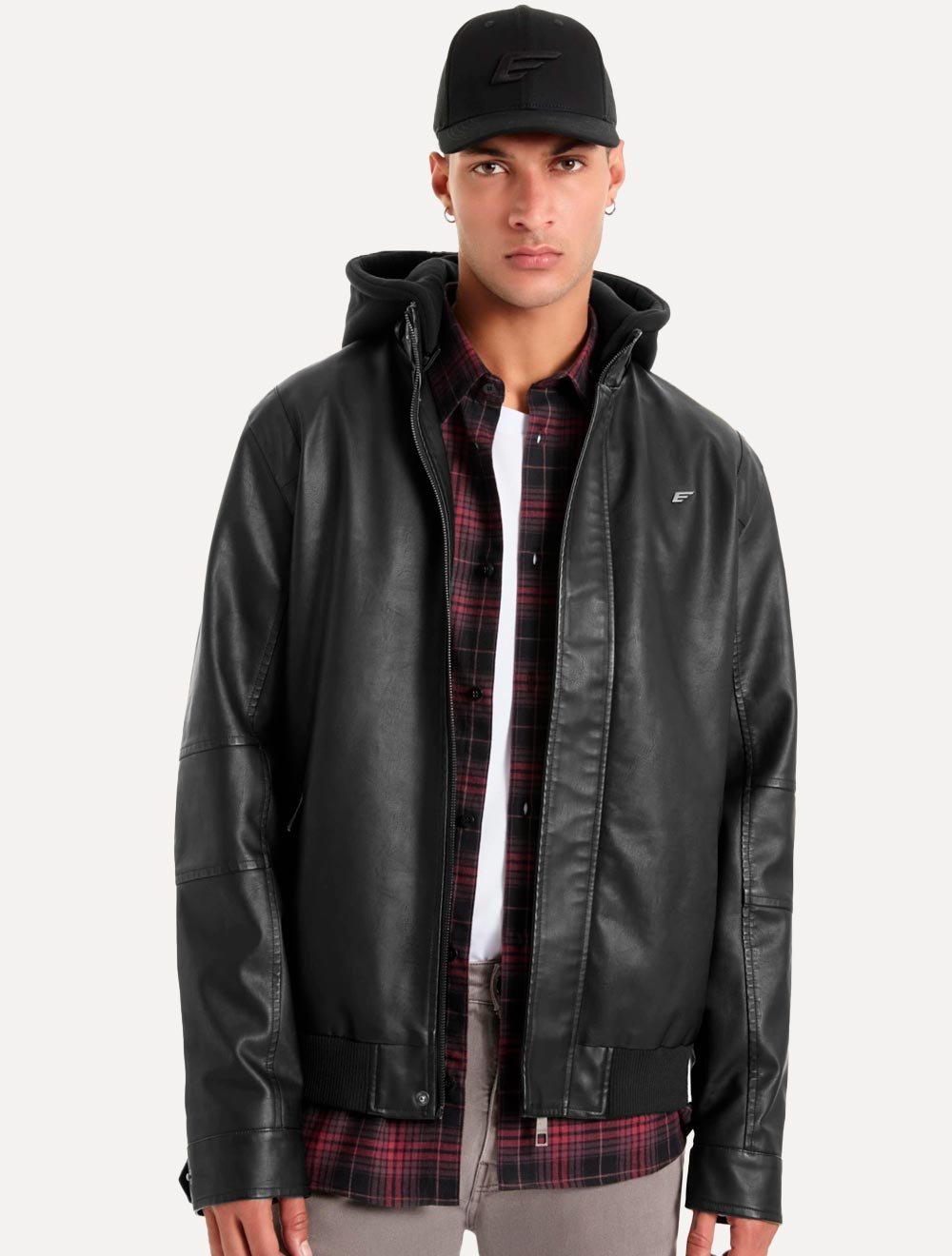 Jaqueta Ellus Masculina Vegan Leather Bomber Hoodie Preta