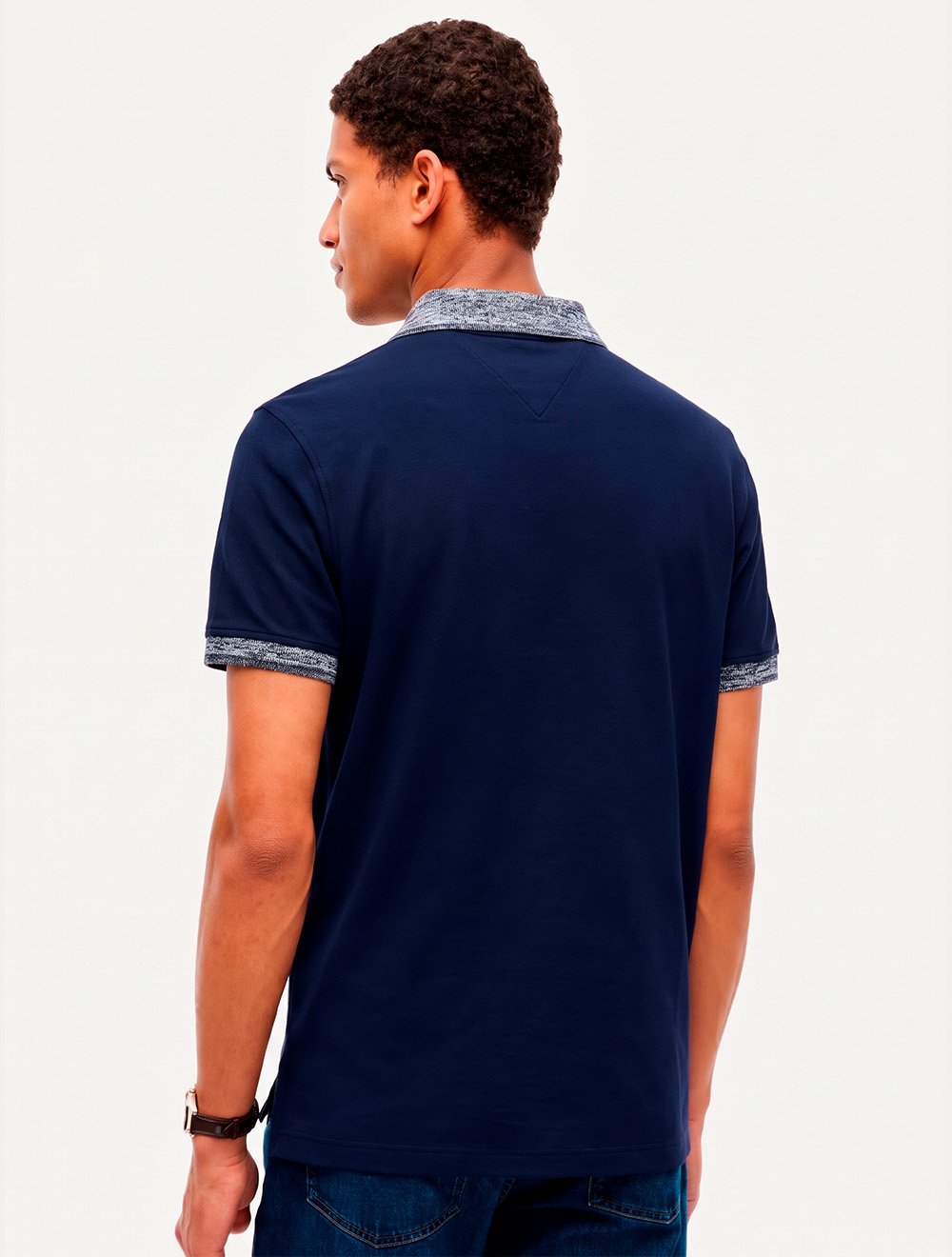 Polo Tommy Hilfiger Masculina Piquet Regular Melange Collar Azul Marinho