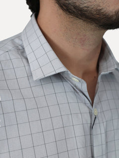 Camisa Dudalina Masculina Manga Curta Confort Superfine Cotton Light Logo Xadrez Cinza Claro