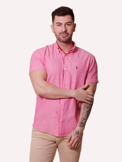 Camisa Ralph Lauren Masculina Manga Curta Linho Navy Icon Rosa Mescla