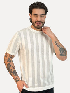 Camiseta Dixen Masculina Tricot Vertical Manga Curta Gola Careca Off White
