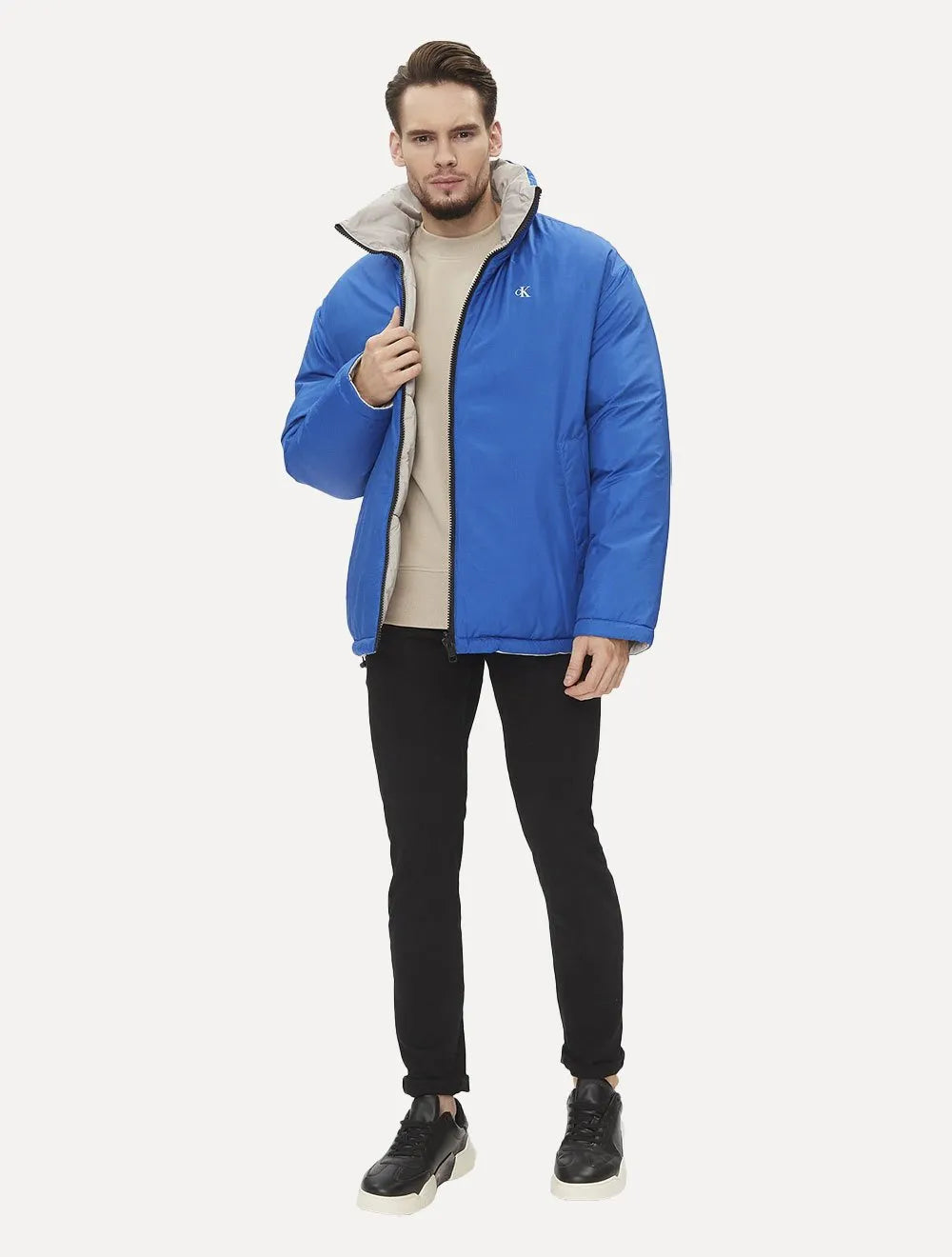 Jaqueta Calvin Klein Jeans Dupla Face Puffer Reversible 90's Cinza/ Azul Royal