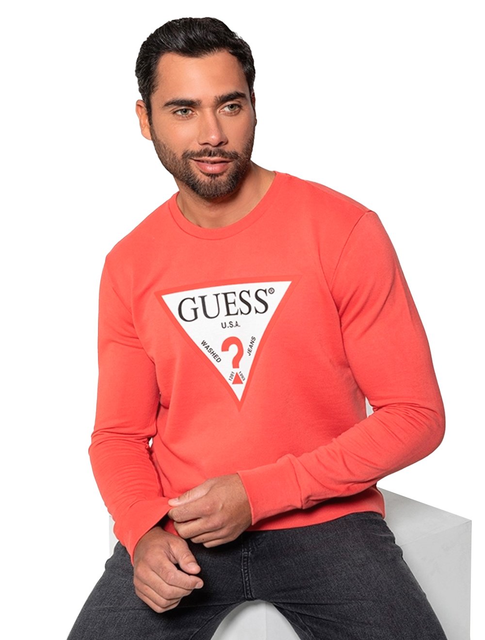 Moletom Guess Masculino Crewneck Triangle Logo Salmão