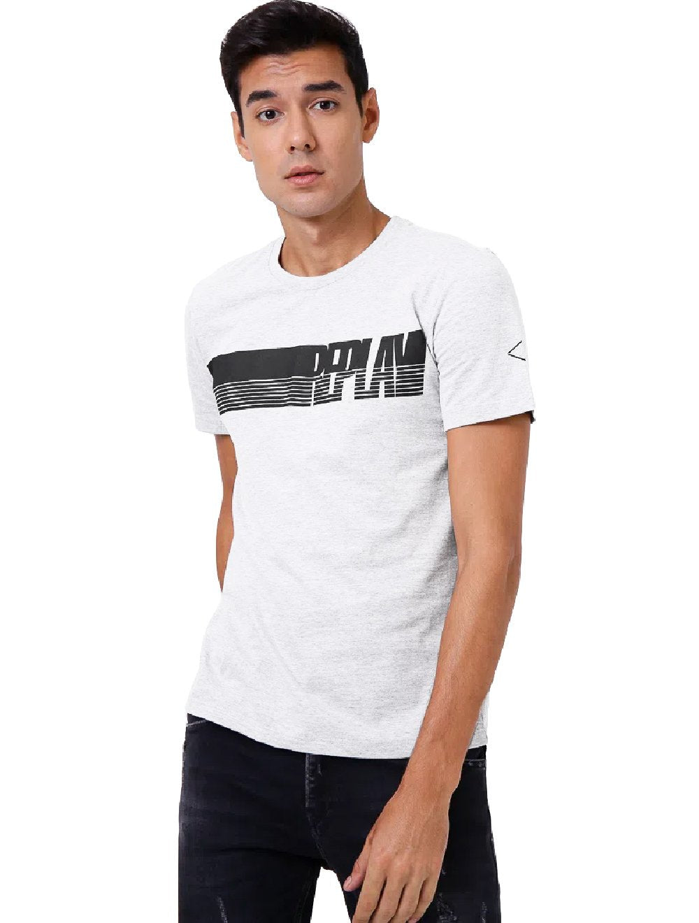 Camiseta Replay Masculina C-Neck Brand Stripes Branca