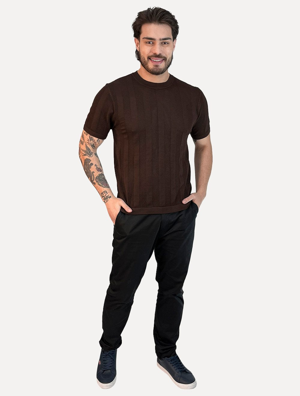 Camiseta Dixen Masculina Tricot Vertical Manga Curta Gola Careca Marrom