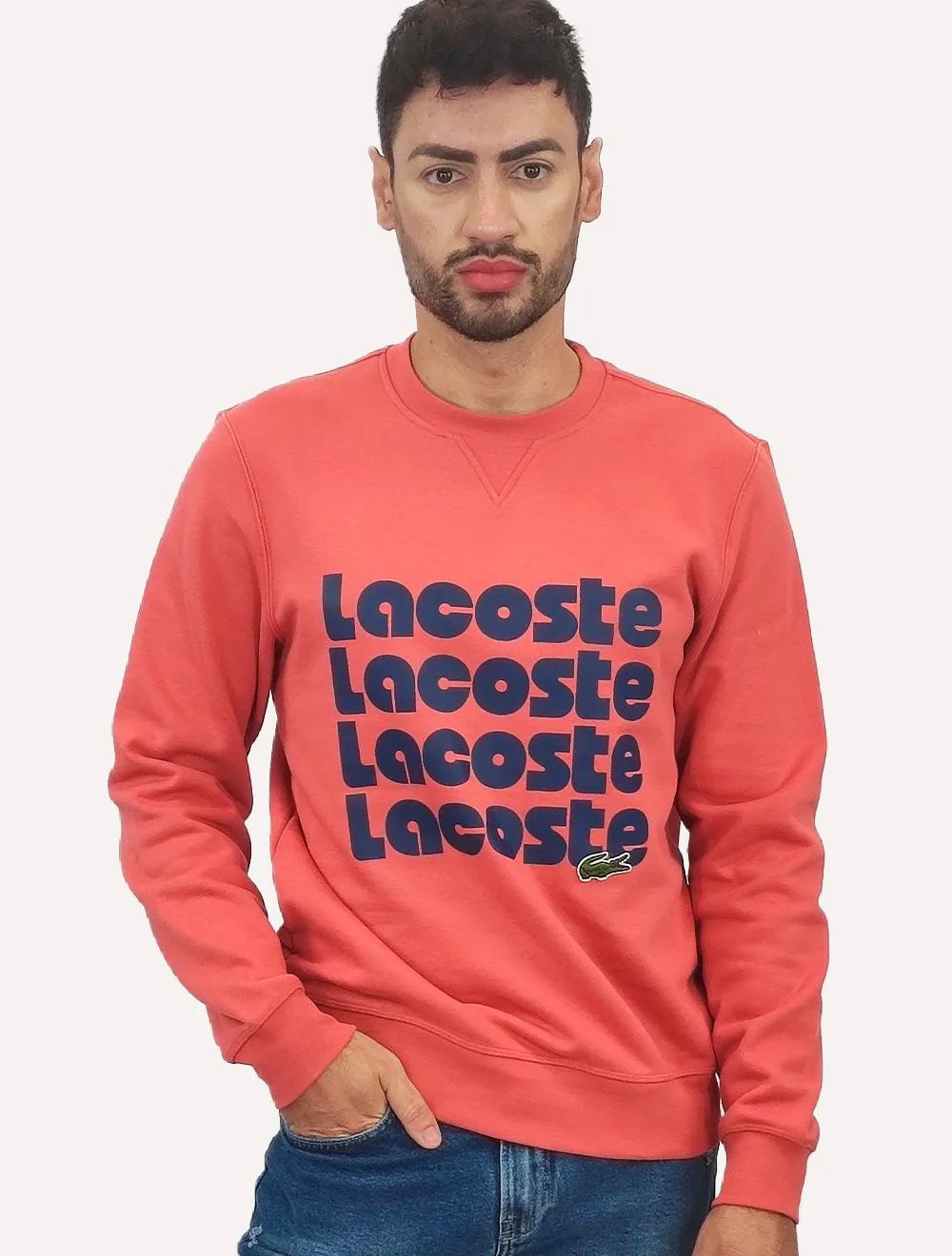Moletom Lacoste Masculino Crewneck Classic Fit Blue Logo Vermelho