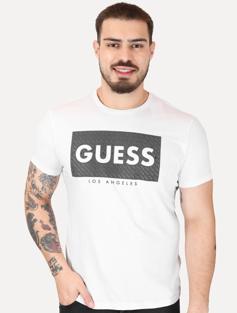 Camiseta Guess Masculina Los Angeles Logo Block Branca