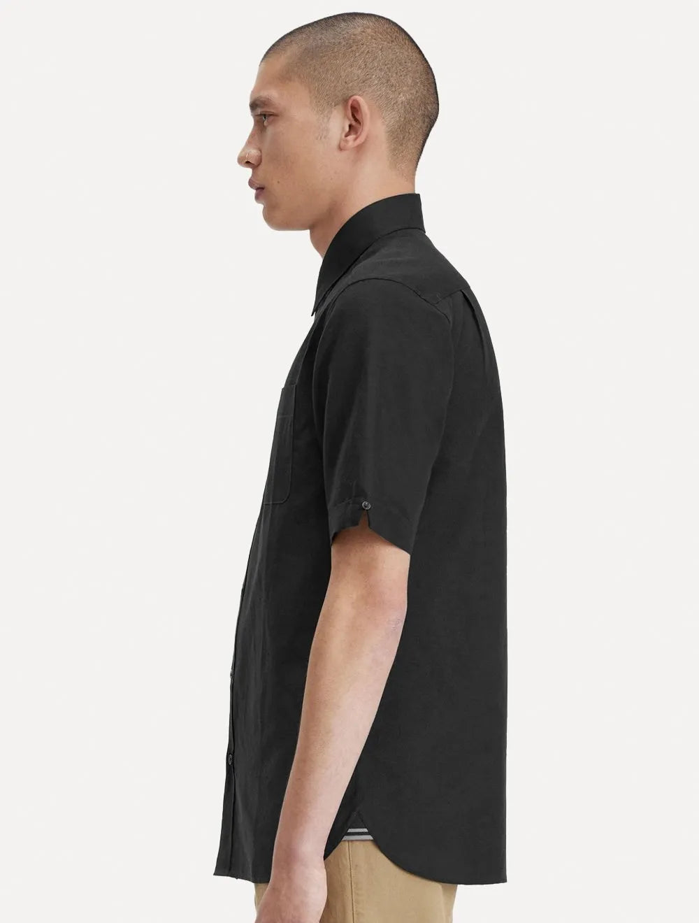 Camisa Fred Perry Masculina Manga Curta Linen Blend Verde Escuro
