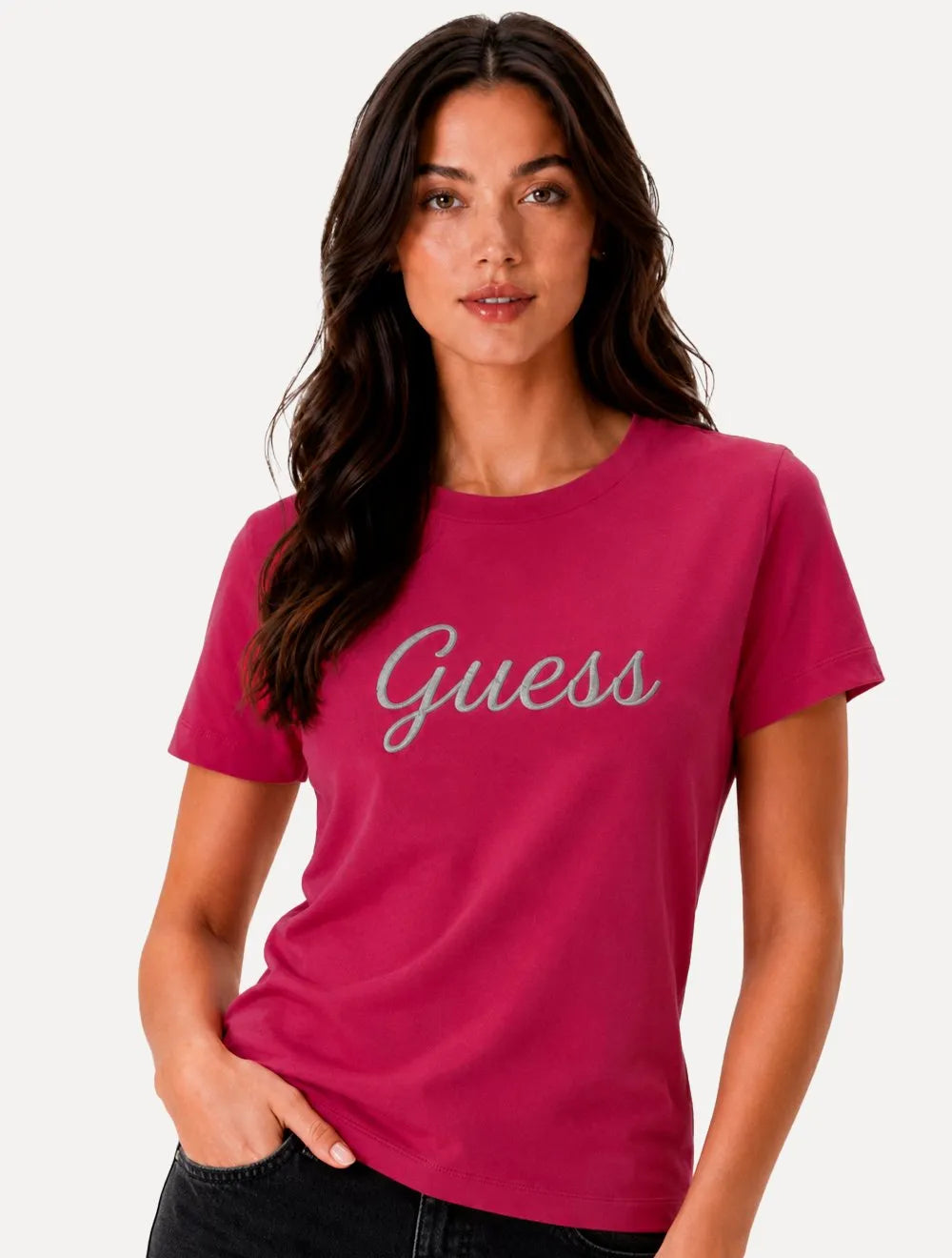 Camiseta Guess Feminina Signature Embroidery Logo Rosa Escuro