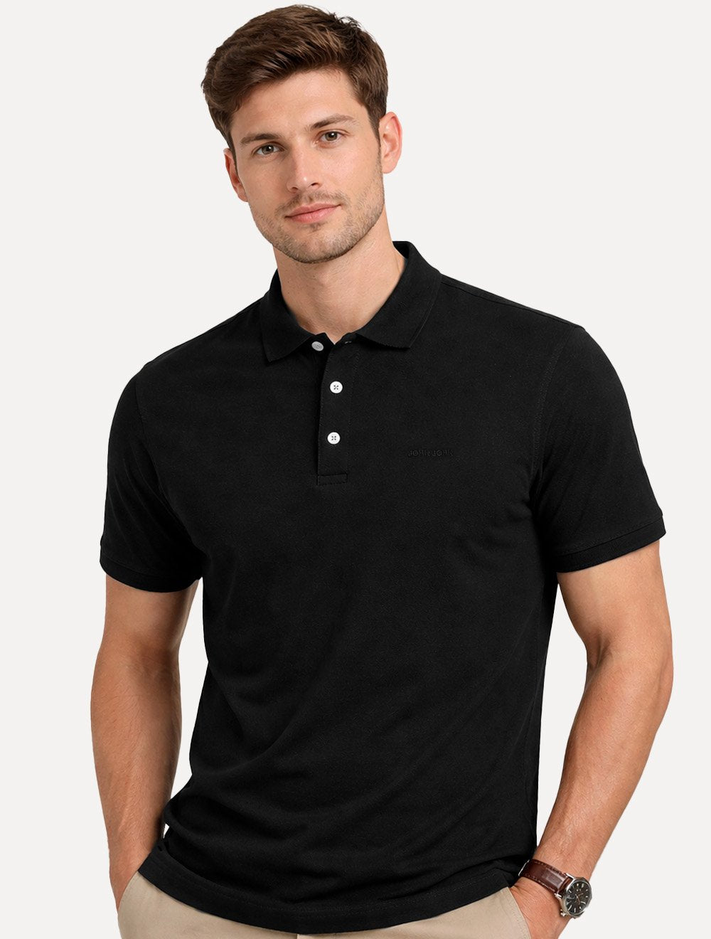 Polo John John Masculina Silm Fit New Simple Light Button Preta 
