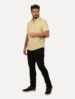 Camisa John John Masculina Regular Manga Curta Marc Linen Blend Amarela