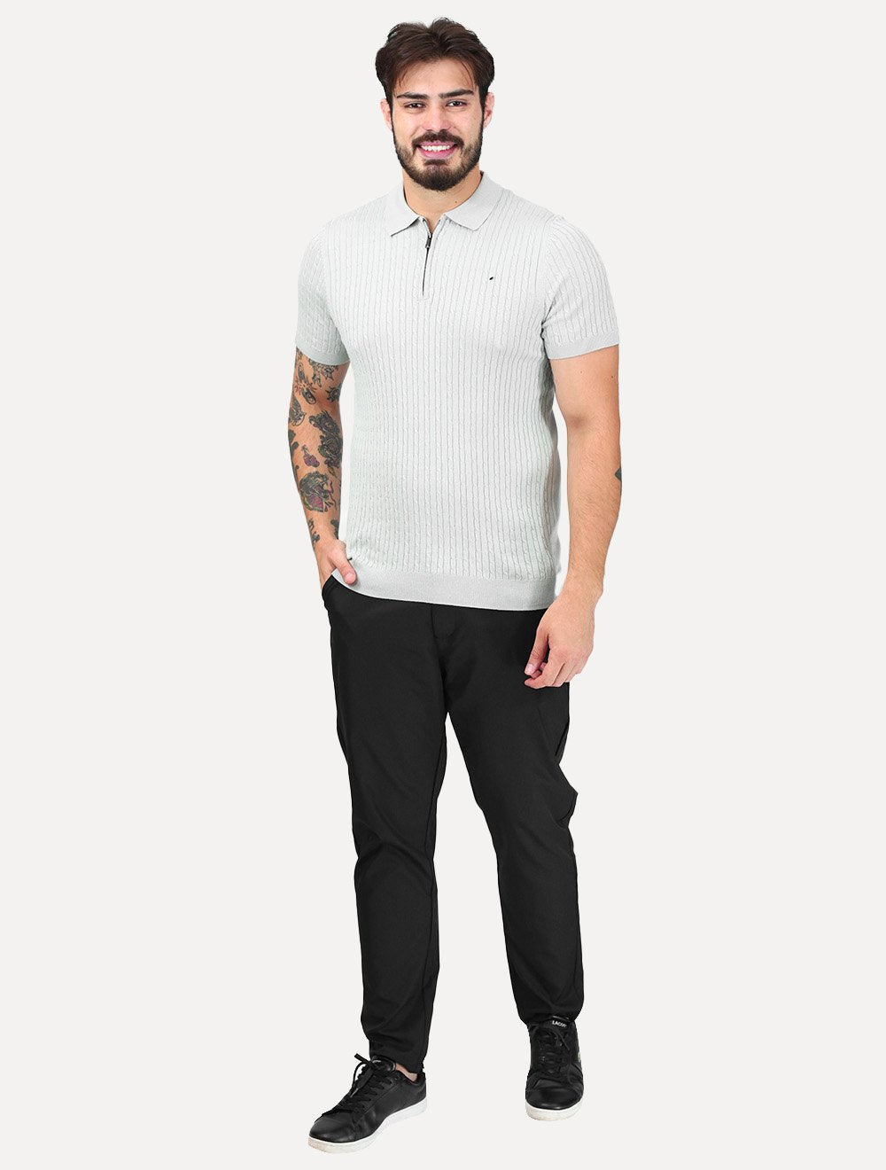 Tricô Dixen Manga Curta Gola Polo Ziper Cinza