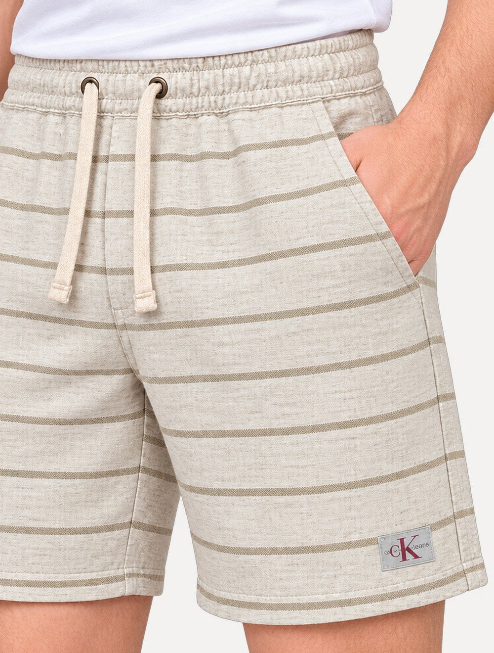 Short Calvin Klein Jeans Masculino Linho Stripes Areia Mescla